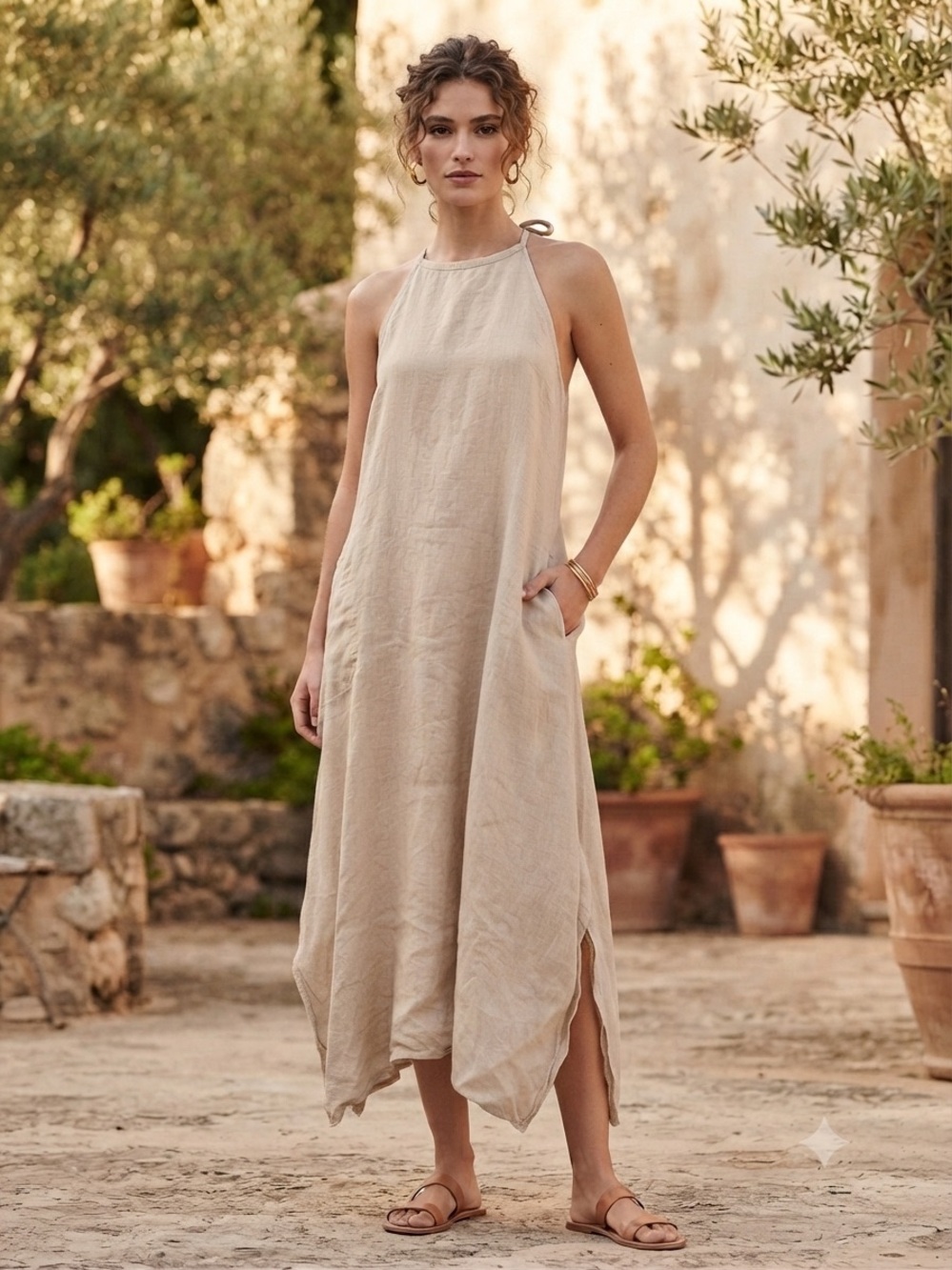 Laura Bianchi Sleeveless Halter Maxi Dress in Natural Beige